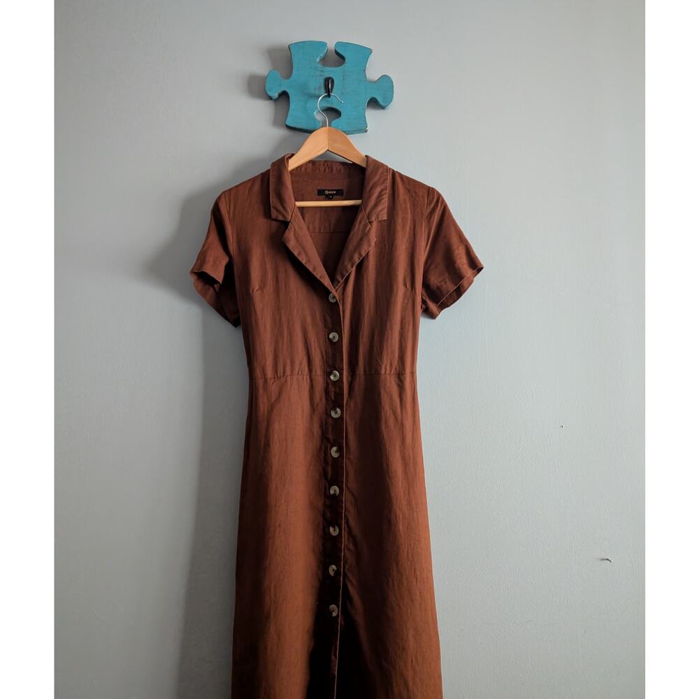Quince 100% Linen Button Front Dress S Terracotta Rust Midi Pocket Notch Collar - Picture 2 of 16